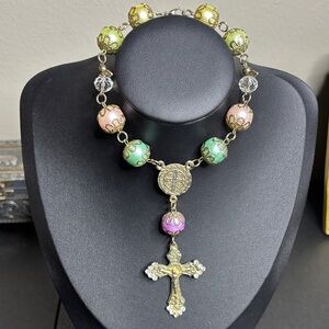 Colorful Beaded Catholic Rosary Saint Benedict Medal Crucifix Car Charm Bracelet
